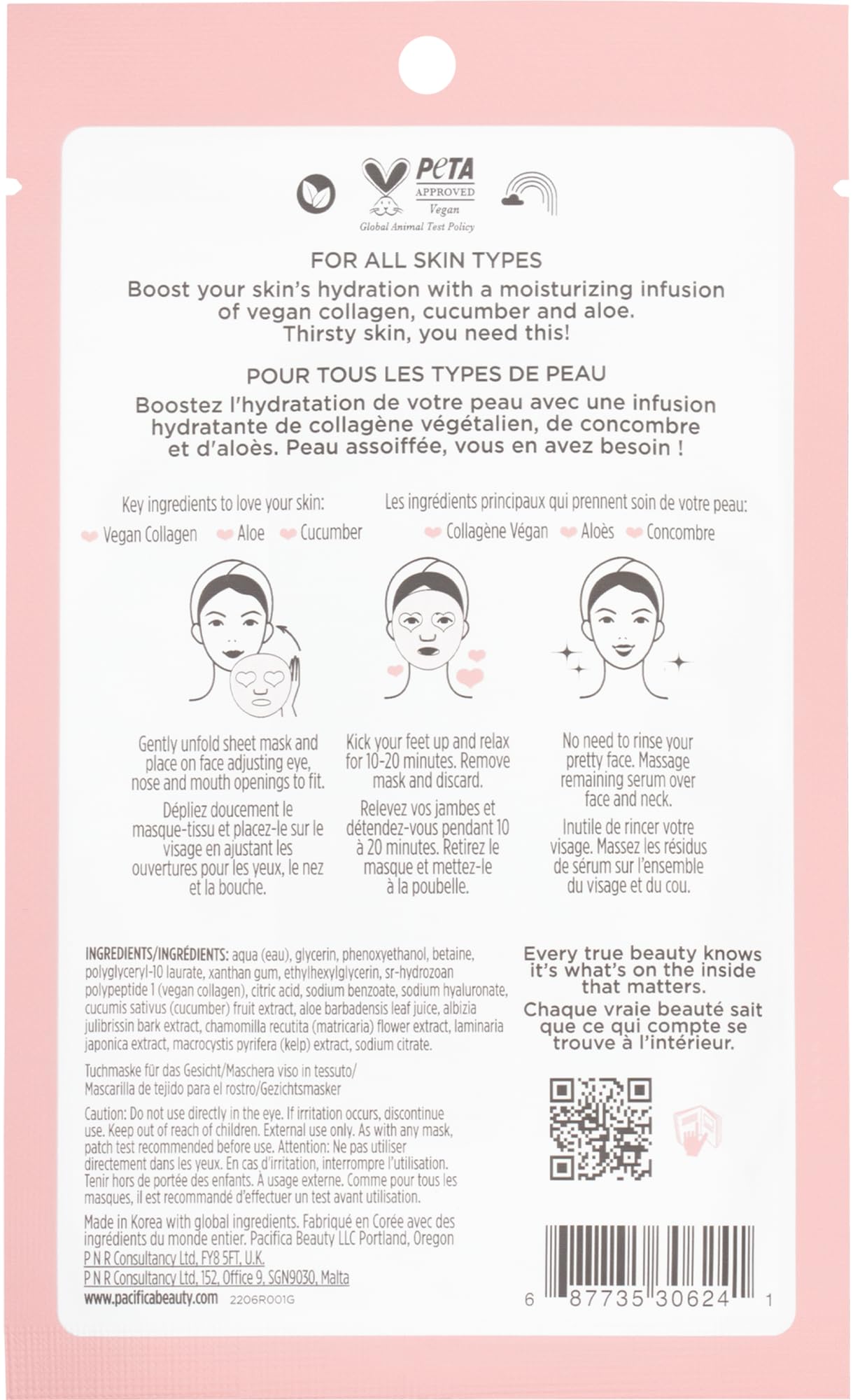 Pacifica Beauty Vegan Collagen Hydrate and Plump Facial Mask, Skincare, Sheet Mask, Cucumber, Aloe, Moisturizing, Hydrating, Face Care, Collagen Face Mask, For Dry Skin and Aging Skin (4 Sheets)